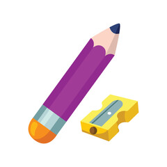 Purple pencil and yellow pencil sharpener on white background