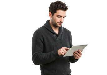 Man using tablet technology modern digital device productivity concept transparent background