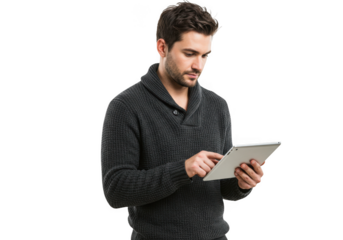 Man using tablet technology modern digital device productivity concept transparent background