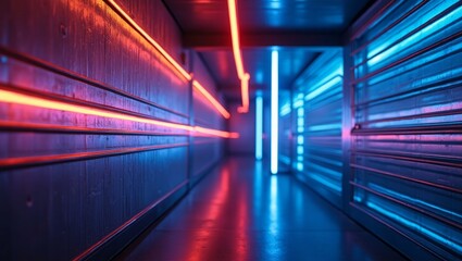 Fototapeta premium Neon Lit Corridor with Red and Blue Lights Reflecting on Floor