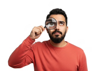 Man with beard holds magnifying glass to his eye exploring details with focus transparent background