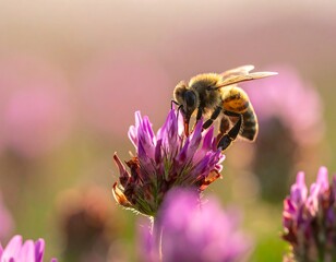 Honeybee on a clover flower, close-up