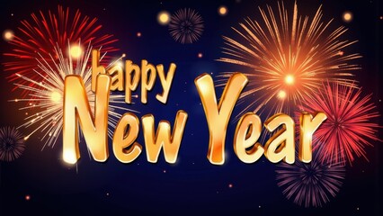 Bright new year fireworks display with golden text