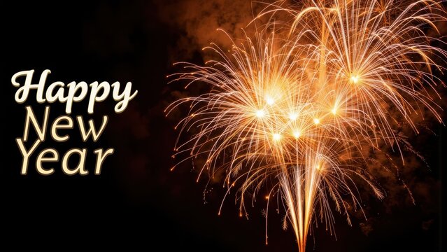 Bright orange fireworks exploding in the night sky wishing happy new year