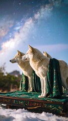 Two white dogs on a platform under starry sky