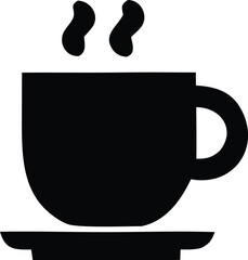 Simple black silhouette of a steaming hot coffee cup on a saucer representing warmth and refreshment