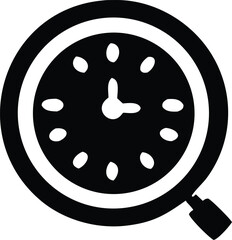 Magnifying glass over clock face icon representing time management research analysis business strategy and clockwork precision