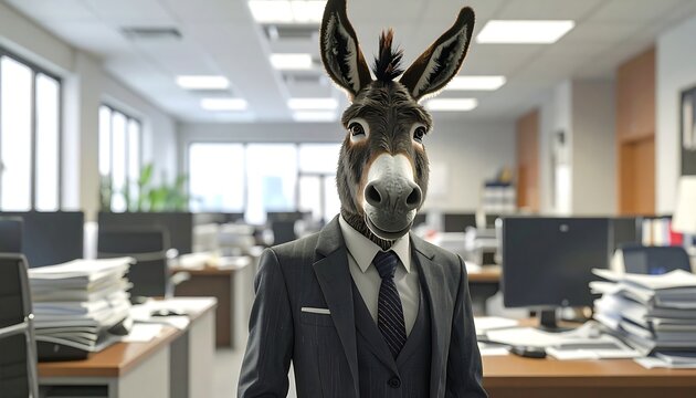 Donkey in a suit in an office