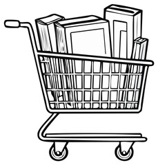 Shopping cart brimming with books, black and white outline vector