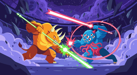 Two fantasy creatures engaged in a fierce lightsaber duel.