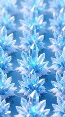 A multitude of vibrant, icy blue crystals, detailed and highly reflective, nestled on a bed of subtle white frost.