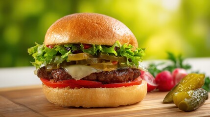 Juicy Beef Burger Topped with Melted Cheese, Grilled to a Golden Crisp—Every Bite Bursts with Rich, Savory Flavors, Boasting a Perfectly Seared Patty, Creamy Melted Cheese That Oozes With Each Bite