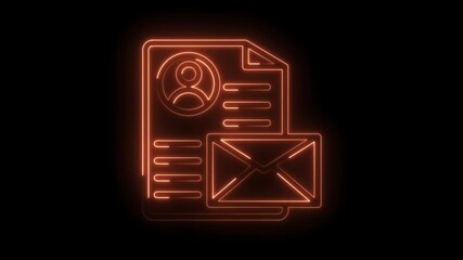 Neon icon animation of profile resume and email on a black background loop