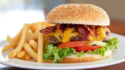 Juicy Beef Burger Topped with Melted Cheese, Grilled to a Golden Crisp—Every Bite Bursts with Rich, Savory Flavors, Boasting a Perfectly Seared Patty, Creamy Melted Cheese That Oozes With Each Bite