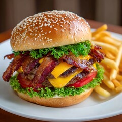 Juicy Beef Burger Topped with Melted Cheese, Grilled to a Golden Crisp—Every Bite Bursts with Rich, Savory Flavors, Boasting a Perfectly Seared Patty, Creamy Melted Cheese That Oozes With Each Bite