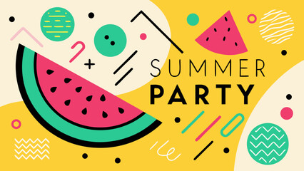 Vibrant summer party invitation with watermelon and geometric shapes