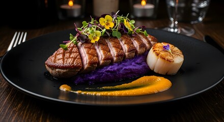 degustation or tasting menu at fancy Michelin star restaurant, degustation or tasting menu at fancy Michelin star restaurant. whimsical fantastic dish meal of molecular gastronomy cuisine closeup