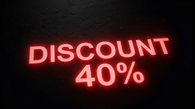Red Neon Glow 40% Discount Text on Dark Background. Dynamic Sale Promotion and Marketing Advertisement Concept.