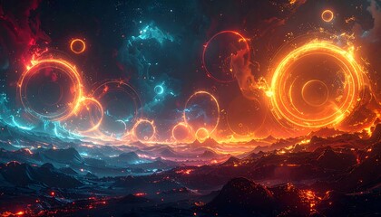 Cosmic rings over fiery landscape