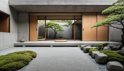 Serene Japanese garden with gravel path, mossy rocks, and a view into an open-air courtyard with a tree.