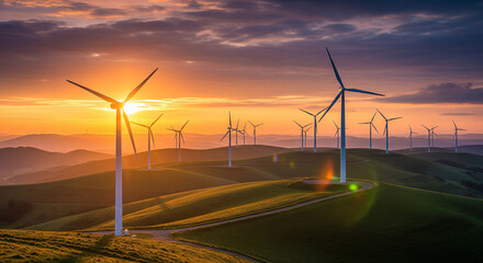 Wind turbines stand on rolling green hills against a vibrant sunset sky with orange and purple hues, showcasing renewable energy.