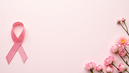 Pink ribbon with flowers on soft pastel background symbolizing breast cancer awareness, hope, support, charity fundraising, and women’s health campaign