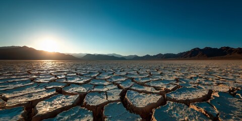 Cracked Desert Earth Basks in Golden Sunrise Amidst Mountainous Horizon