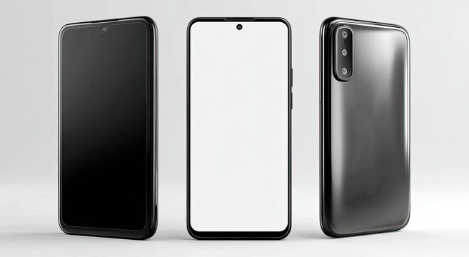 Three-view black smartphone mockup