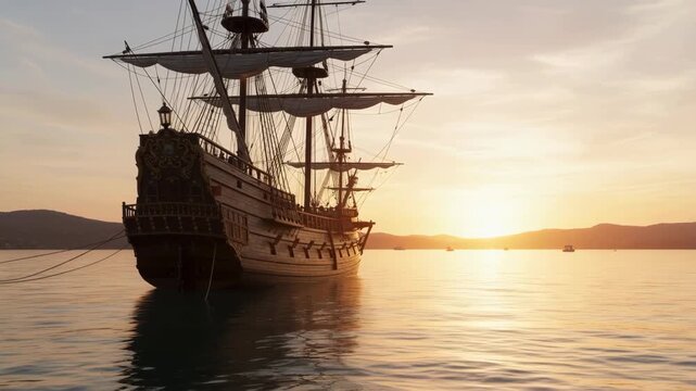 A photorealistic rendering of a Spanish Nao armed at sunset, anchored in a calm bay with golden light reflecting off the water and detailed rigging visible.