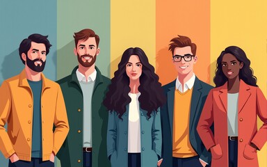 Group of 5 different people in a row. High quality