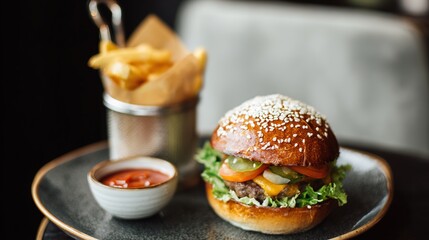Juicy Beef Burger Topped with Melted Cheese, Grilled to a Golden Crisp—Every Bite Bursts with Rich, Savory Flavors, Boasting a Perfectly Seared Patty, Creamy Melted Cheese That Oozes With Each Bite