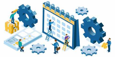 Teamwork and planning with calendar gears and calculator for business strategy and project management