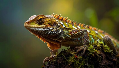 Obraz premium Close-up of a colorful lizard on mossy tree stump
