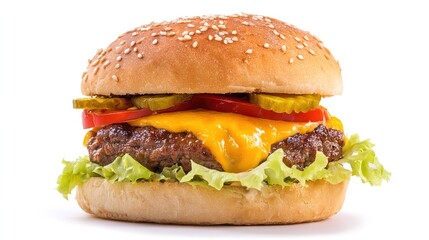 Juicy Beef Burger Topped with Melted Cheese, Grilled to a Golden Crisp—Every Bite Bursts with Rich, Savory Flavors, Boasting a Perfectly Seared Patty, Creamy Melted Cheese That Oozes With Each Bite