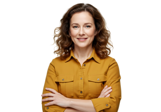 Portrait of a confident woman with arms crossed, smiling warmly, isolated on a white background