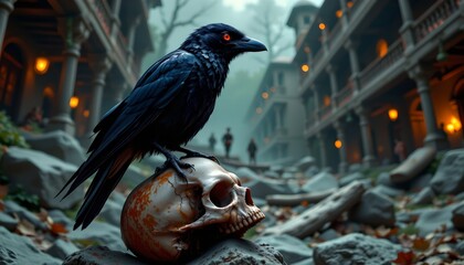 Fototapeta premium In the foreground of this image, a raven with glossy black feathers stands perched on top of a skull