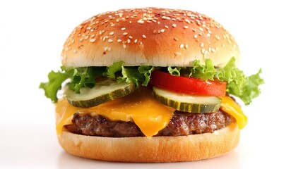Juicy Beef Burger Topped with Melted Cheese, Grilled to a Golden Crisp—Every Bite Bursts with Rich, Savory Flavors, Boasting a Perfectly Seared Patty, Creamy Melted Cheese That Oozes With Each Bite
