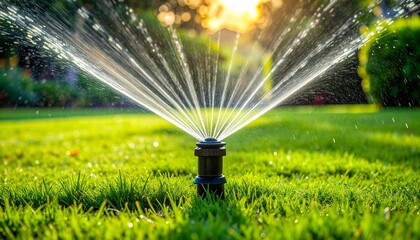 A sprinkler—black head, water jets radiating in circular rhythm—rests on green lawn. A metaphor for cyclical nourishment and the choreography of sustained renewal.