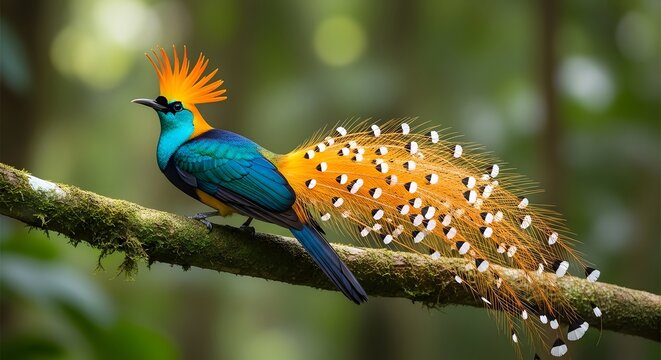 A vibrant male king of saxony birdofparadise displays its elaborate plumage while perched on a mossy branch in a lush rainforest - Powered by Adobe
