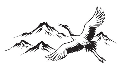 japan traditional crane bird flying, mountains abstract brush sketch illustration
