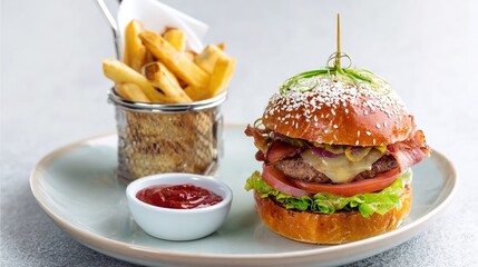 Juicy Beef Burger Topped with Melted Cheese, Grilled to a Golden Crisp—Every Bite Bursts with Rich, Savory Flavors, Boasting a Perfectly Seared Patty, Creamy Melted Cheese That Oozes With Each Bite