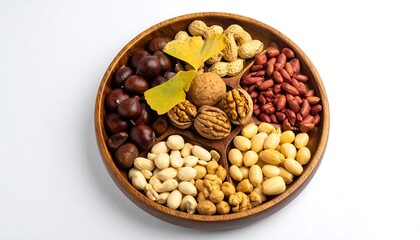 Assorted nuts in a wooden bowl
