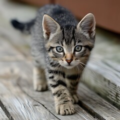 Obraz premium Tabby Cat Walking Toward Camera (Centered Front View, Striking Teal-Blue Eyes, Staring at Viewer) Light Wood Surface