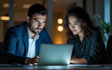 Making important decisions together to improve their chances at success. Cropped shot of two colleagues working late on a laptop in an office. High quality