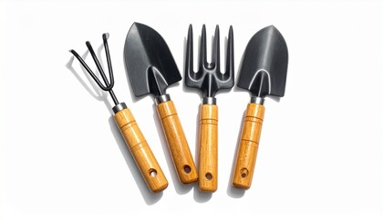Naklejka premium Three gardening tools—trowels and cultivator, metal ends and wooden grips—rest in parallel stillness. A metaphor for patient tending and the choreography of grounded care.