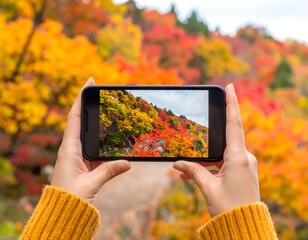 スマホ越しに広がる秋の紅葉、美しい景色を撮影