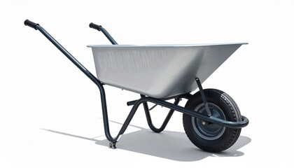 A metal wheelbarrow&mdash;single black wheel, deep tray, handles poised&mdash;rests in utilitarian stillness. A metaphor for burdened motion and the choreography of grounded labor.