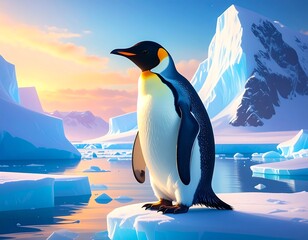Penguin on ice at sunrise