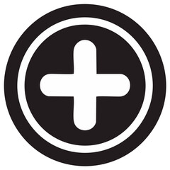 Obraz premium Bold white plus symbol inside a black circle graphic design element for additions and positive choices