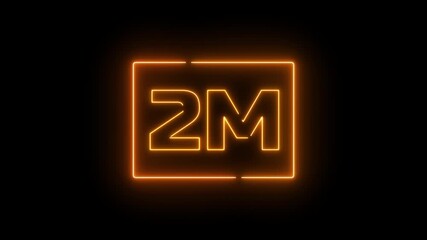 Neon a yellow design with the text "2M FOLLOWERS." The letters are stylized and illuminated, conveying a celebratory tone.Glowing neon text illuminating 2m in a rectangle against a black background.
